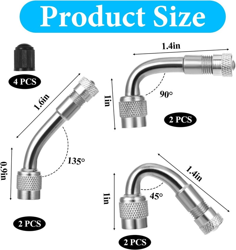 Skrfren 6 Pack 45 Degree 90 Degree 135 Degrees Metal Valve Stem Extenders, Dually Valve Stem Extenders Universal Valves Extensions with Tire ValveCaps for Wheels Passenger Cars RV Stroller Bicycle Motorcycle - Image 2